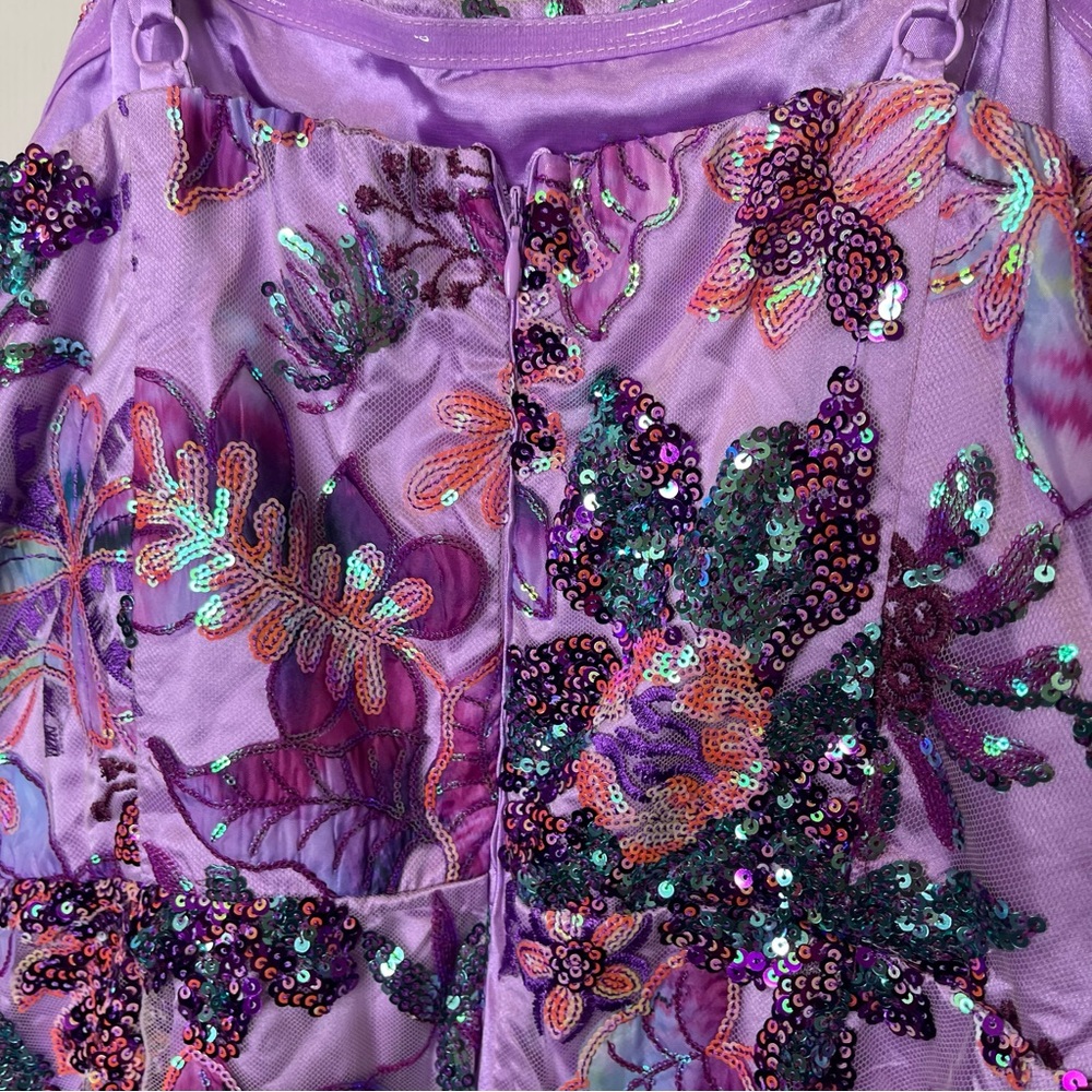 Boston Proper Embroidered Sequin Mesh Ruffle Slit Midi Dress Sz 14 - Picture 7 of 8